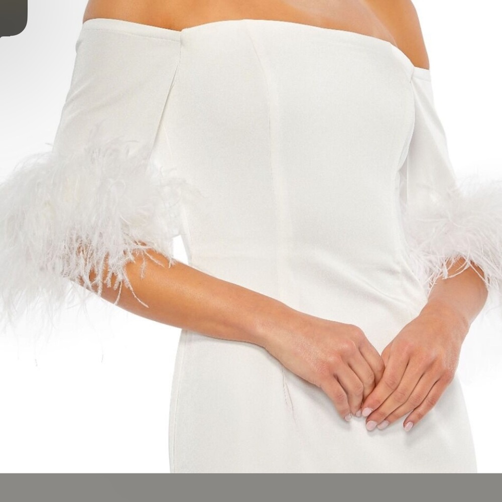 Mac Duggal White Off-Shoulder Flutter Sleeve Sheath Dress